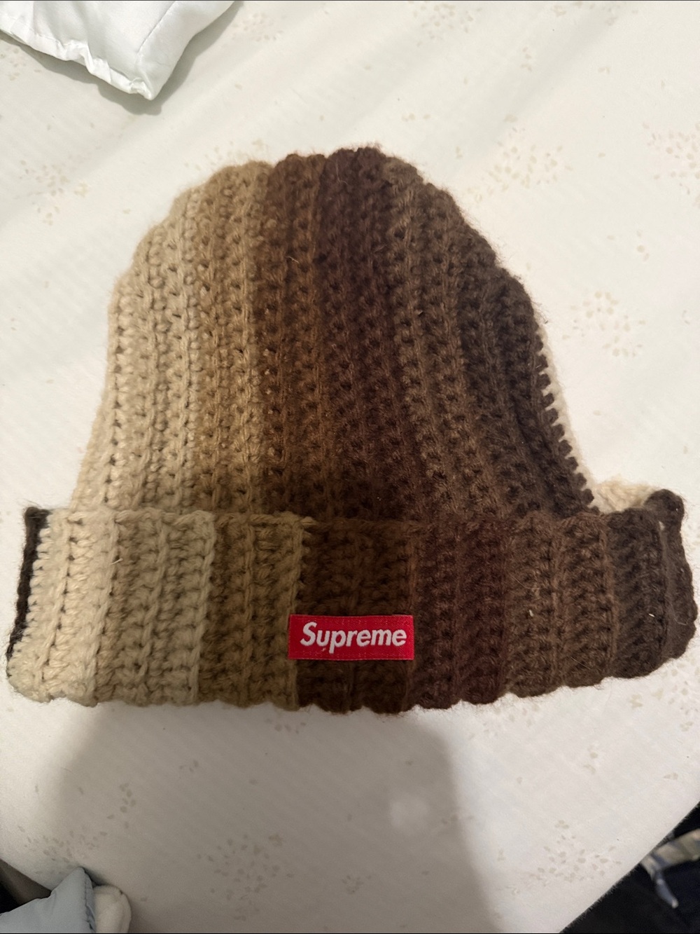 Supreme Ombre Brown Crochet Beanie with Red Logo